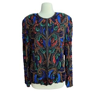 Vintage 90's Scala Women XL  Black Silk Long Slv Top Beaded Sequin Maximalist